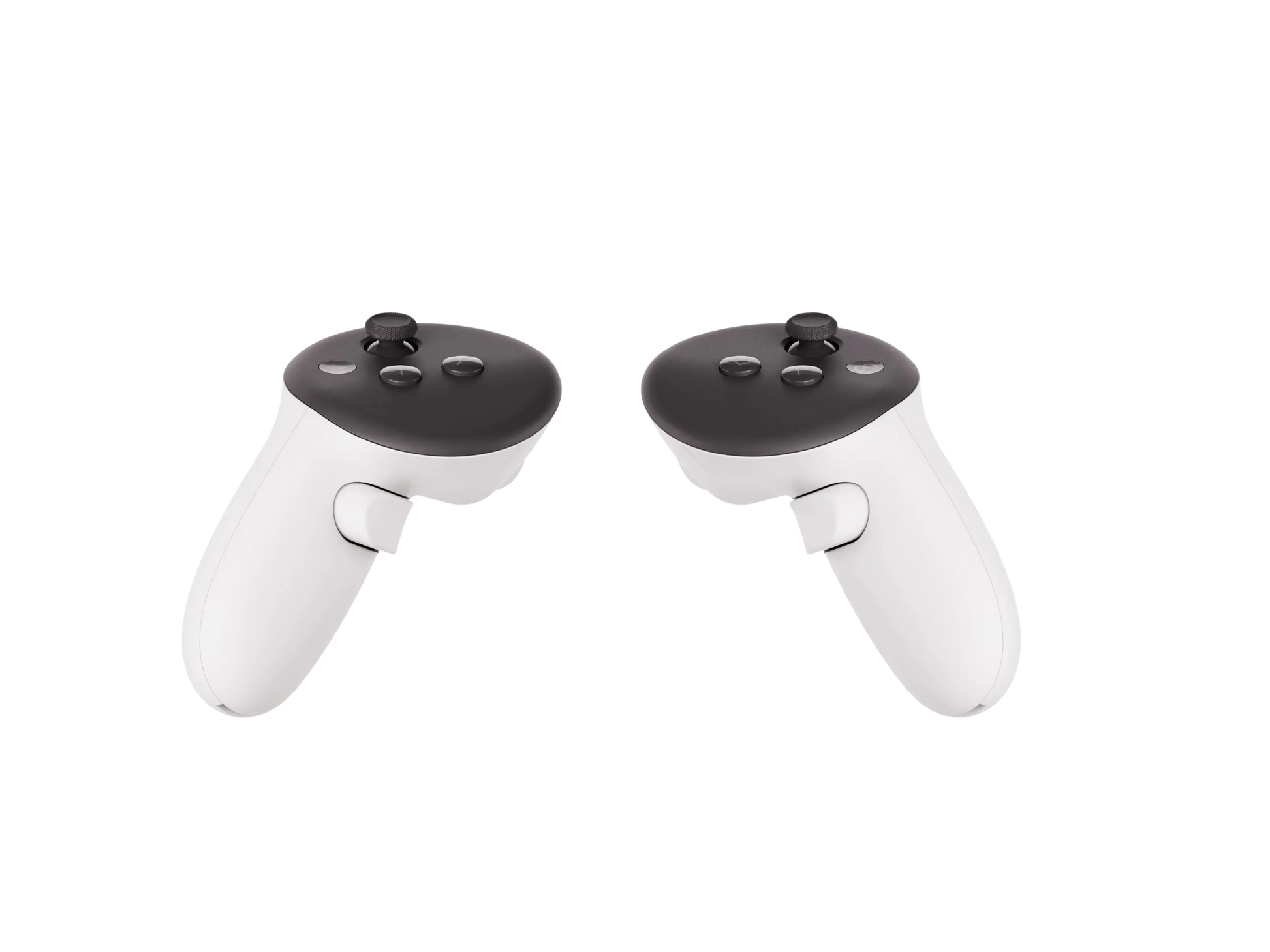 Two black VR controllers with white grips, front view close to center