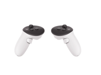 Two black VR controllers with white grips, front view close to center
