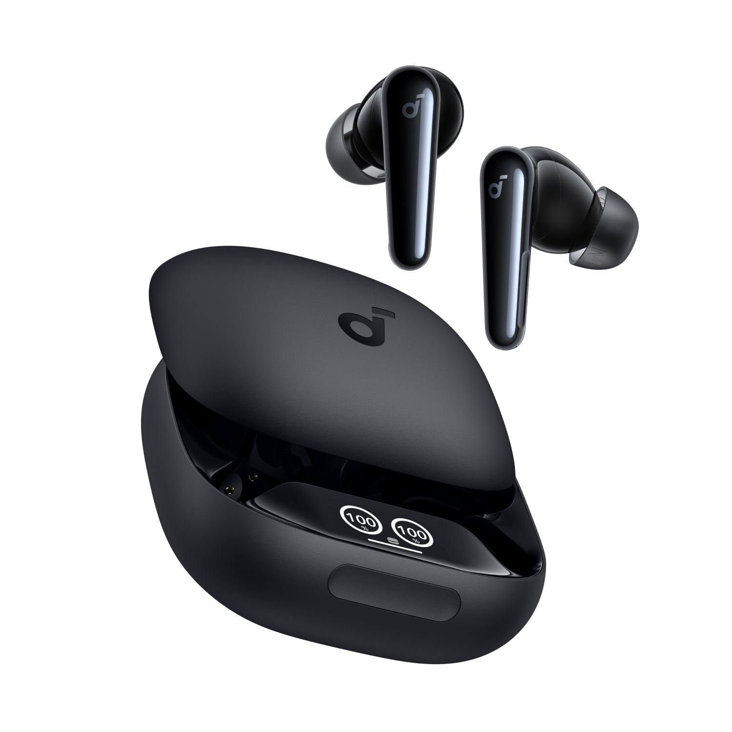 Black true-wireless earbuds with charging case, open lid with earbud tips
