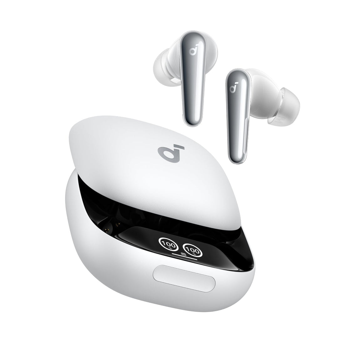 White true-wireless earbuds with charging case, open lid with earbud tips