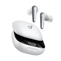 White true-wireless earbuds with charging case, open lid with earbud tips