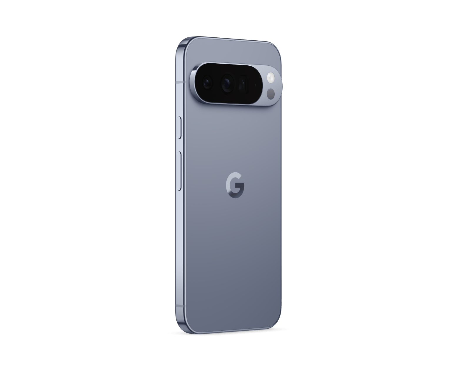 Gray smartphone back angled with camera bar and side buttons.