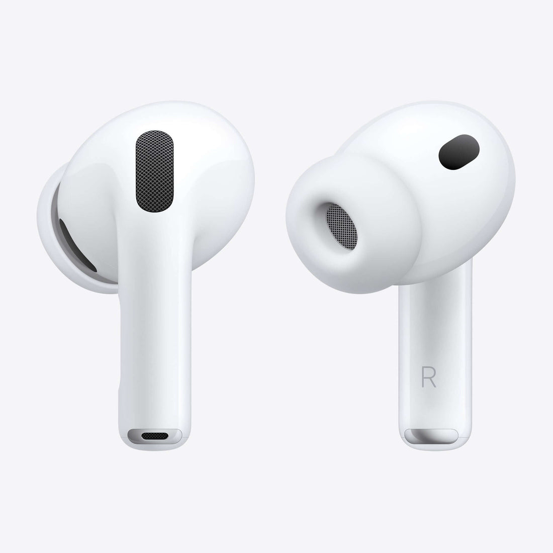White wireless noise-cancelling earbuds, left and right earbud views
