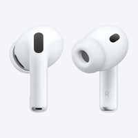 White wireless noise-cancelling earbuds, left and right earbud views