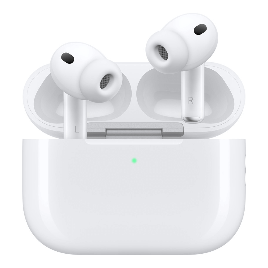 White wireless noise-cancelling earbuds in charging case