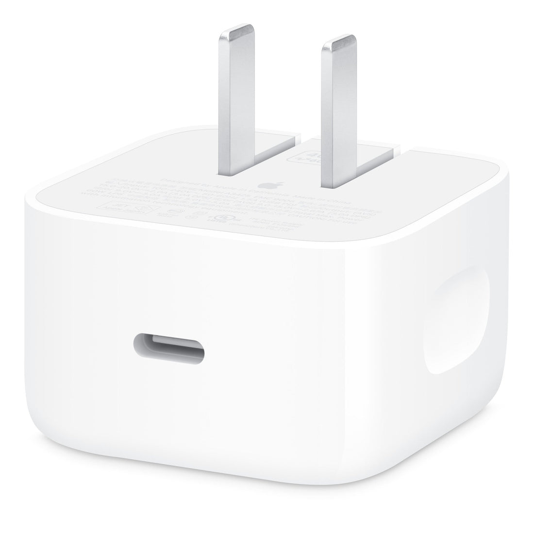 White power adapter with two rectangular prongs, front view