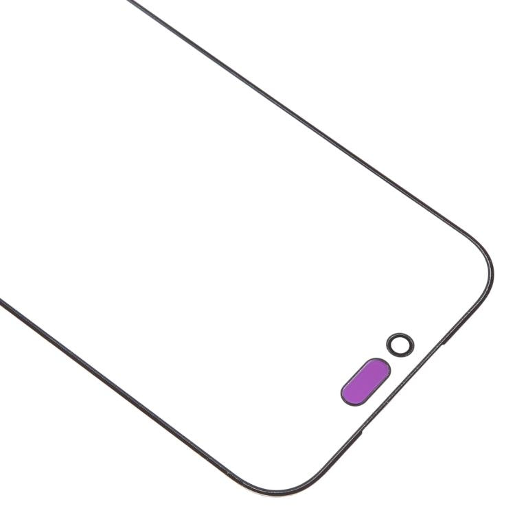 iPhone 17 Pro Max screen glass replacement, corner view with camera cutout and purple sensor