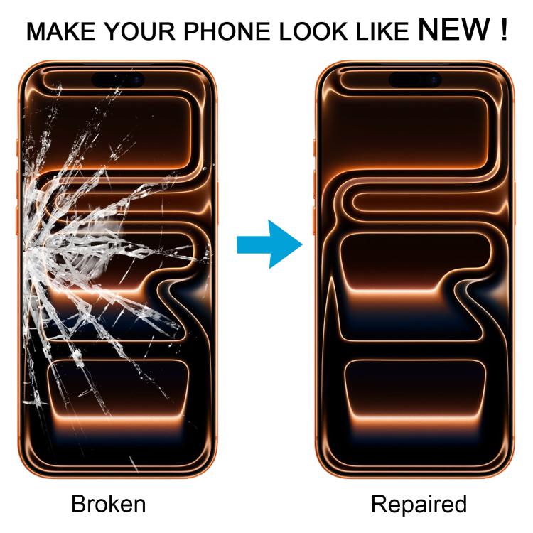 iPhone 17 Pro Max screen glass replacement, damaged phone front and repaired phone front shown
