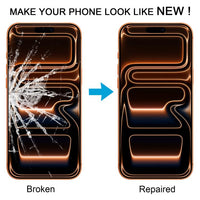 iPhone 17 Pro Max screen glass replacement, damaged phone front and repaired phone front shown