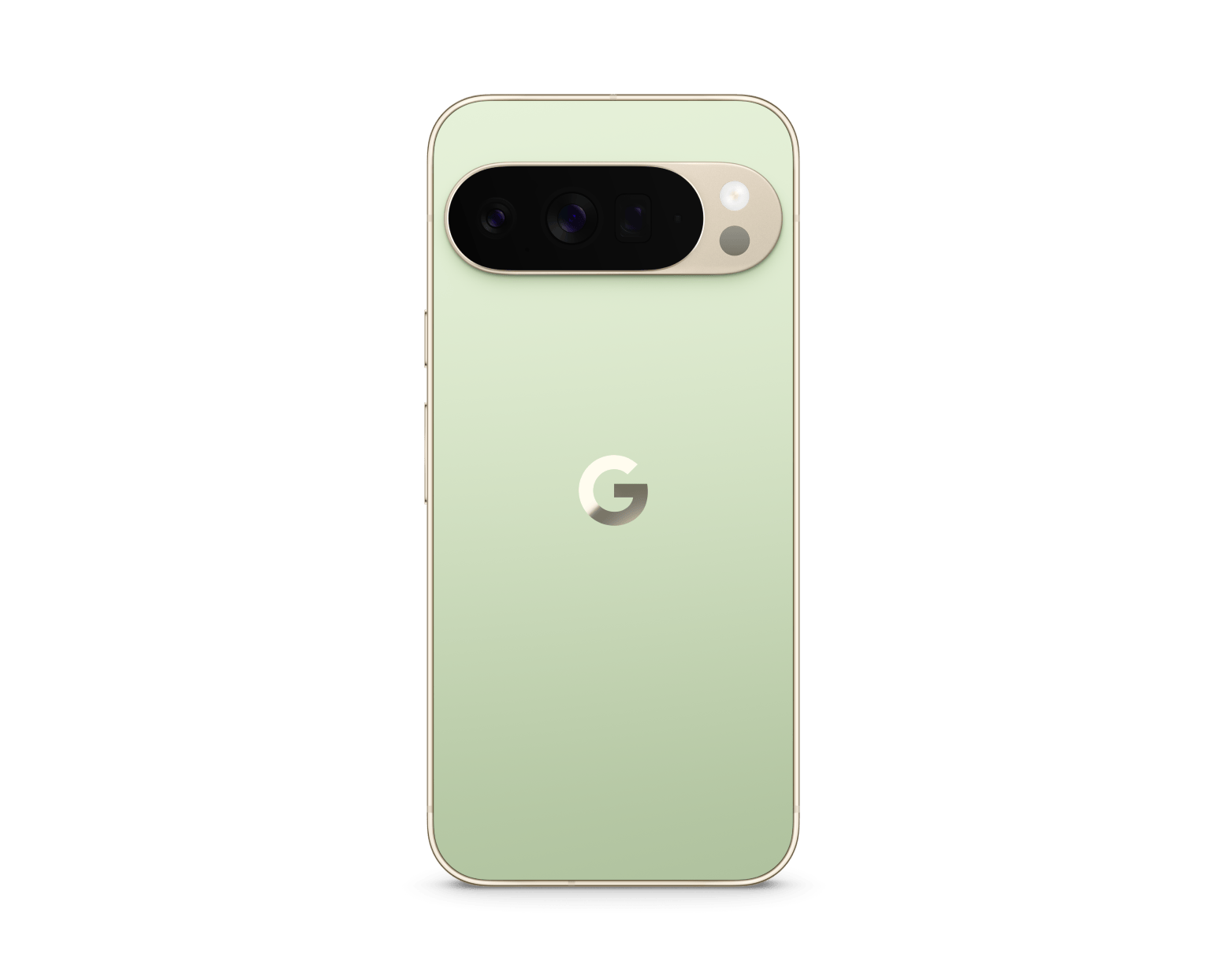 Light green smartphone back with dual camera bar and G logo.