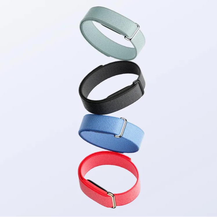 Set of fabric health tracker bands with metal buckles in black, blue, red