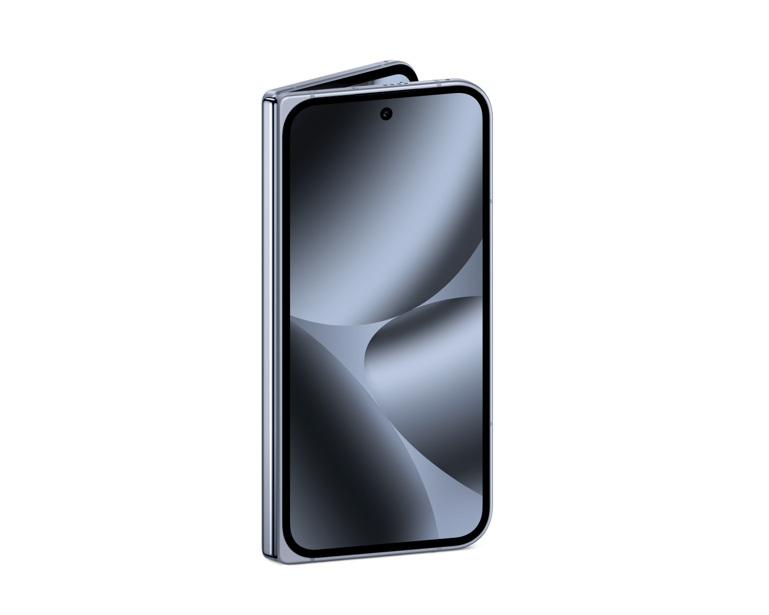 Google Pixel foldable phone with black front display, silver edges, closed view