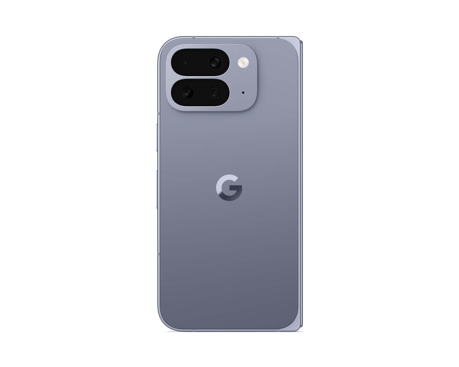 Google Pixel foldable phone back view, gray finish, dual cameras and flash
