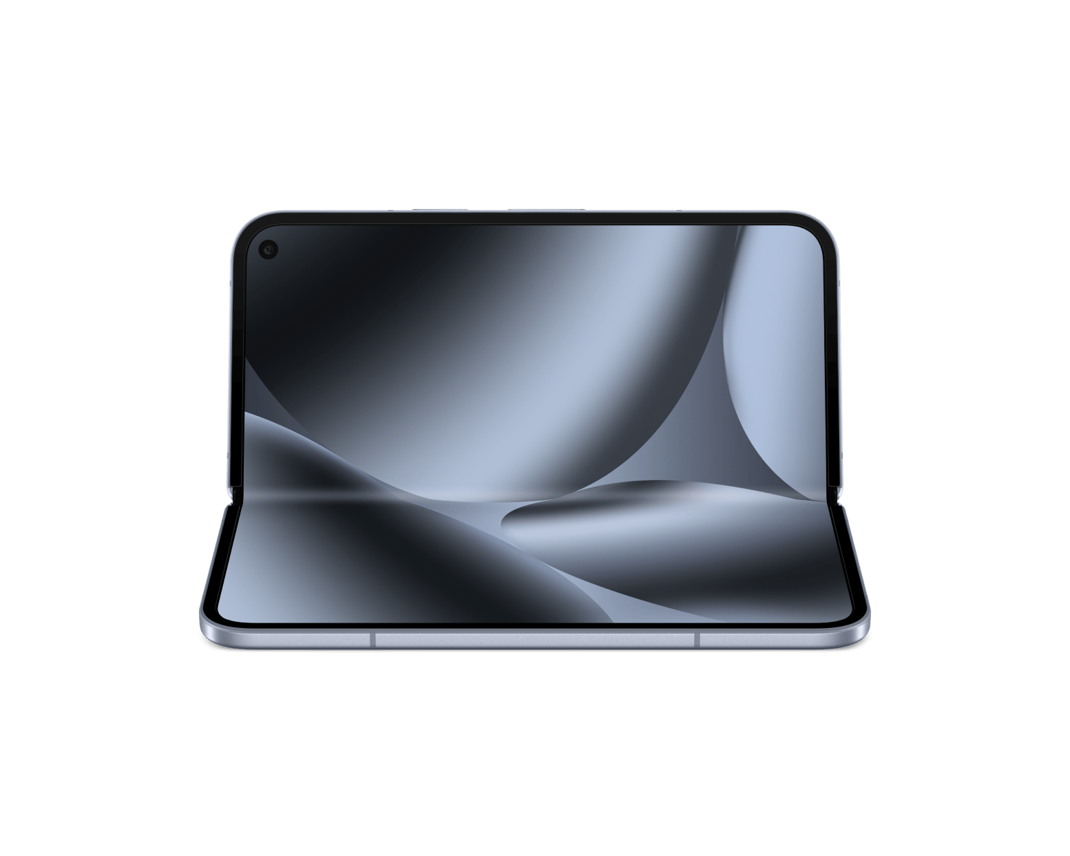 Google Pixel foldable phone front open view, black display with hinge line, silver frame