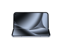 Google Pixel foldable phone front open view, black display with hinge line, silver frame