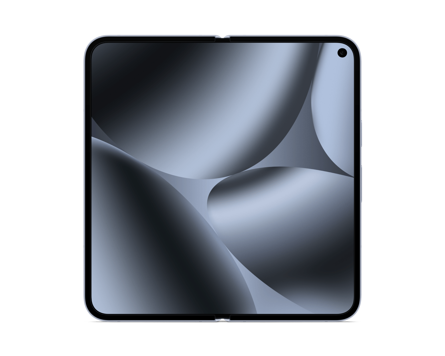 Google Pixel foldable phone front closed view, black display, rounded silver frame
