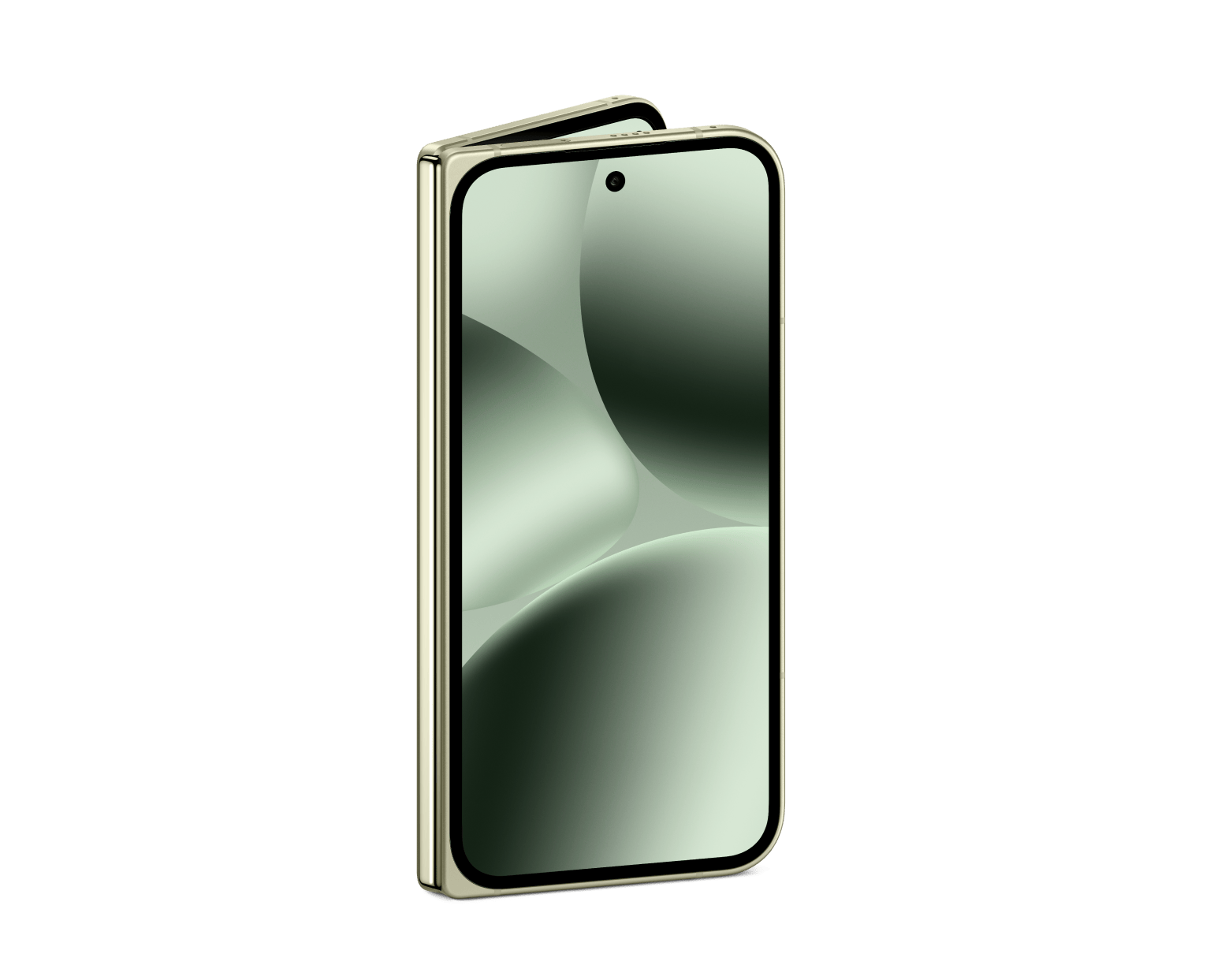 Google Pixel foldable phone with light green front display, green edges, closed view