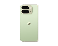 Google Pixel foldable phone back view, light green finish, dual cameras and Google G