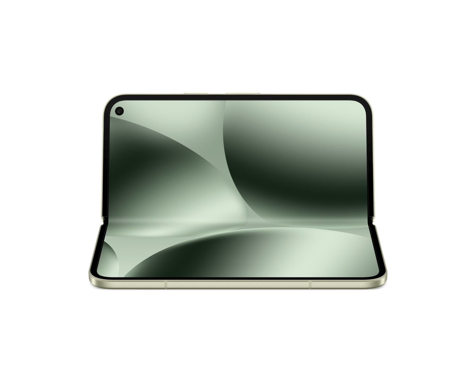 Google Pixel foldable phone open front view, light green display, silver-green frame