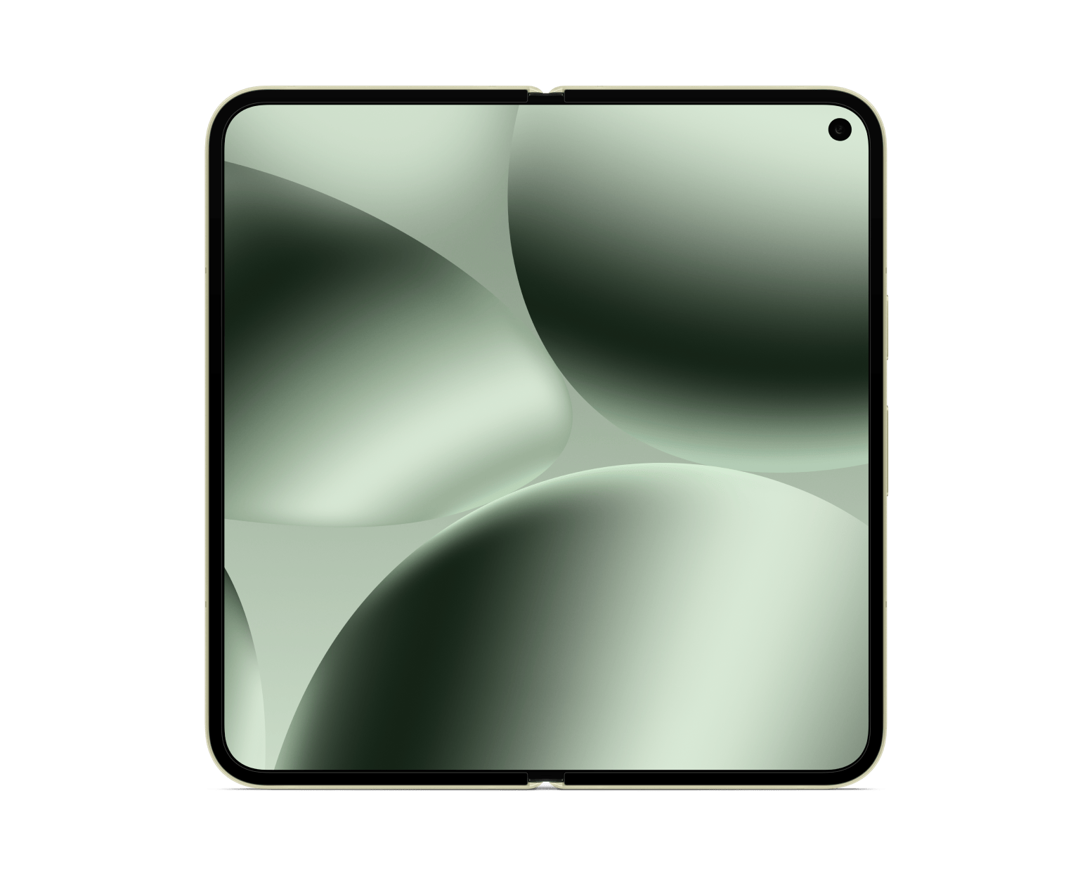 Google Pixel foldable phone front closed view, light green display, curved frame