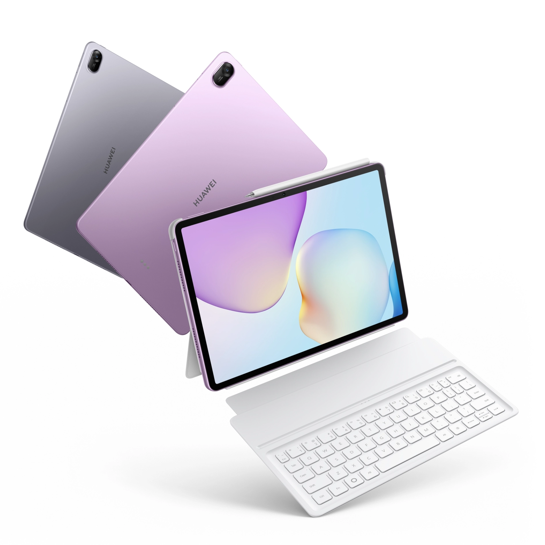 Huawei MatePad 11.5 PaperMatte tablet with keyboard, dark gray and purple back views