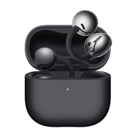 Black open-ear earbuds with charging case, shown open in a 3D view