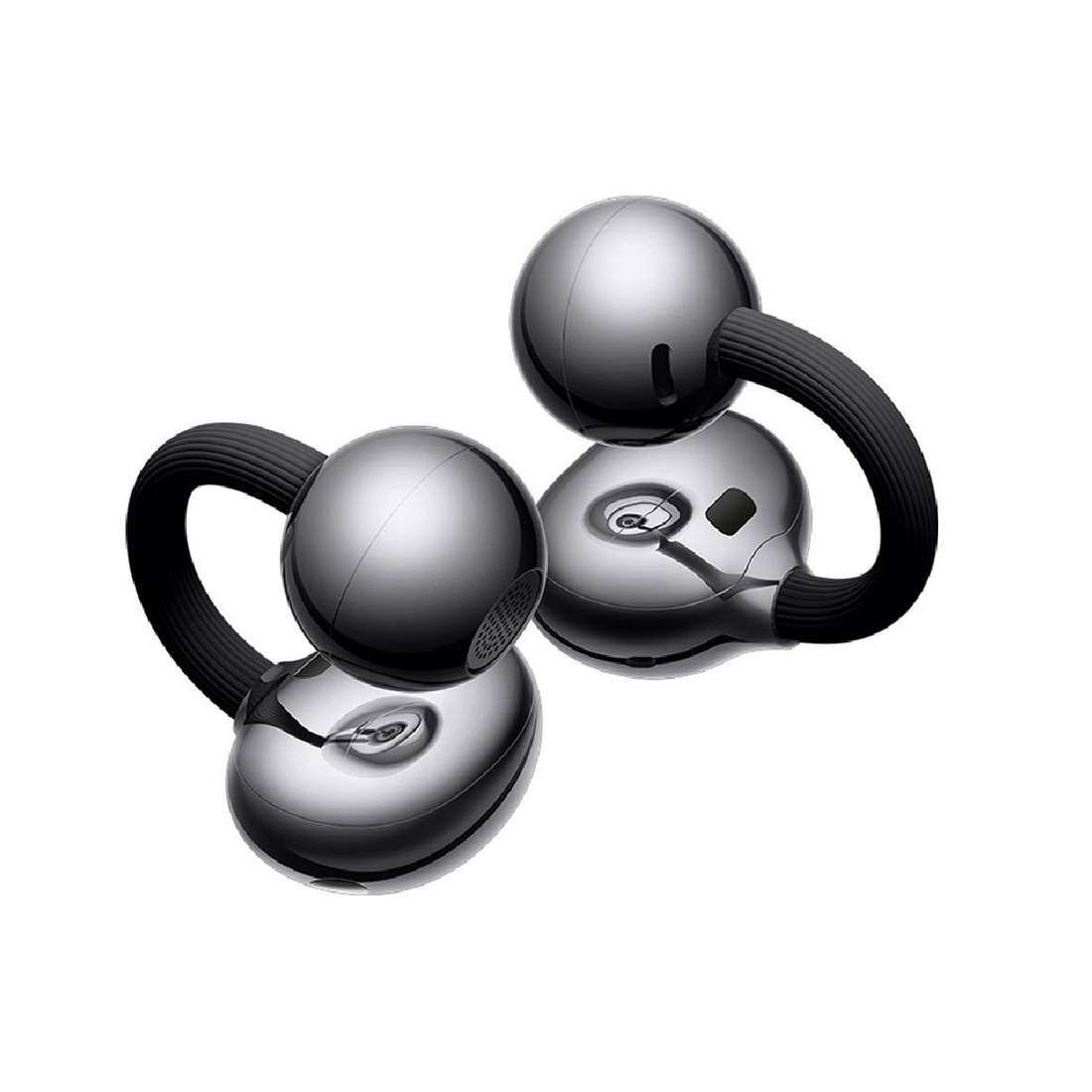 Silver open-ear earbuds with charging case, earbuds angled for a side view