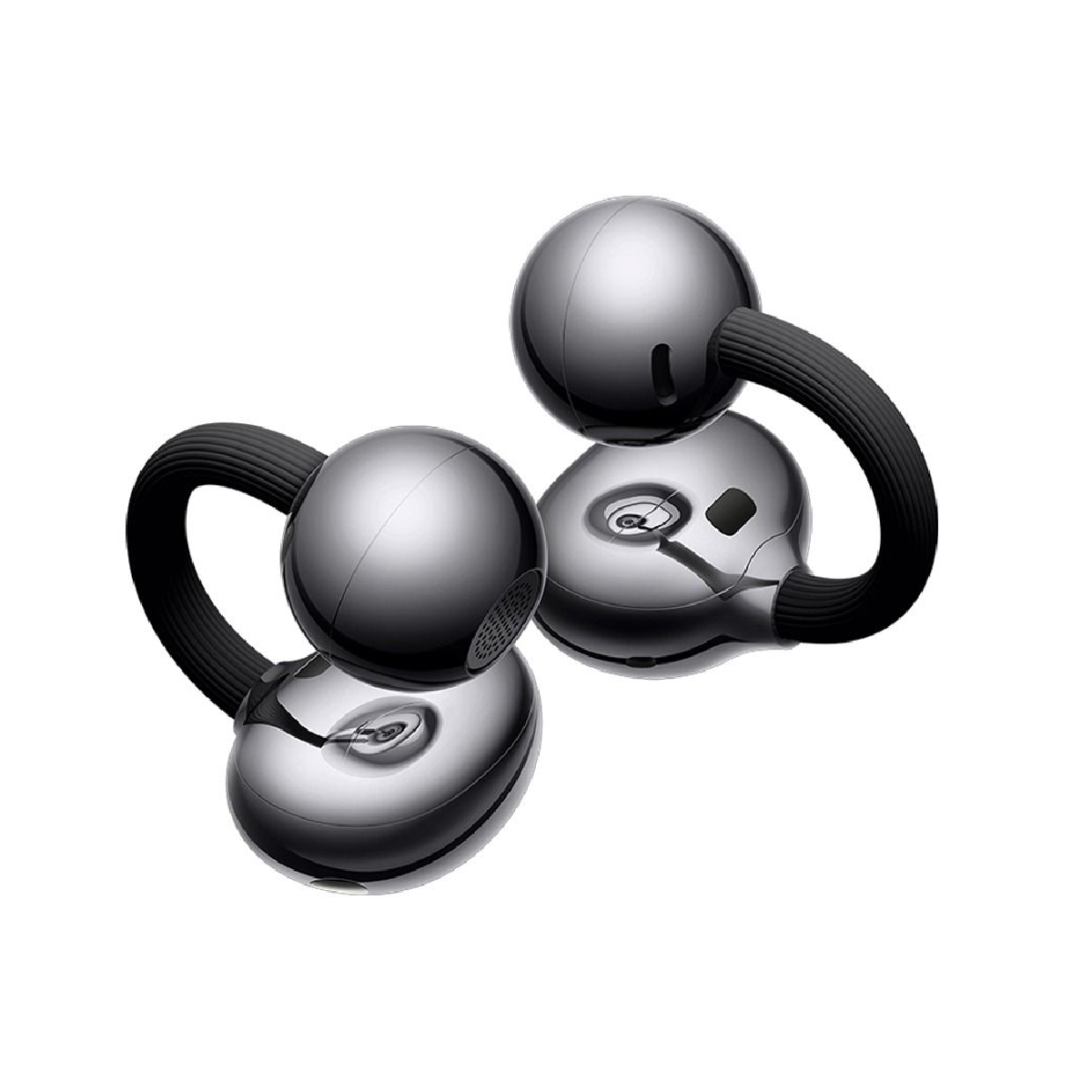 Silver open-ear earbuds with charging case, earbuds angled for a side view
