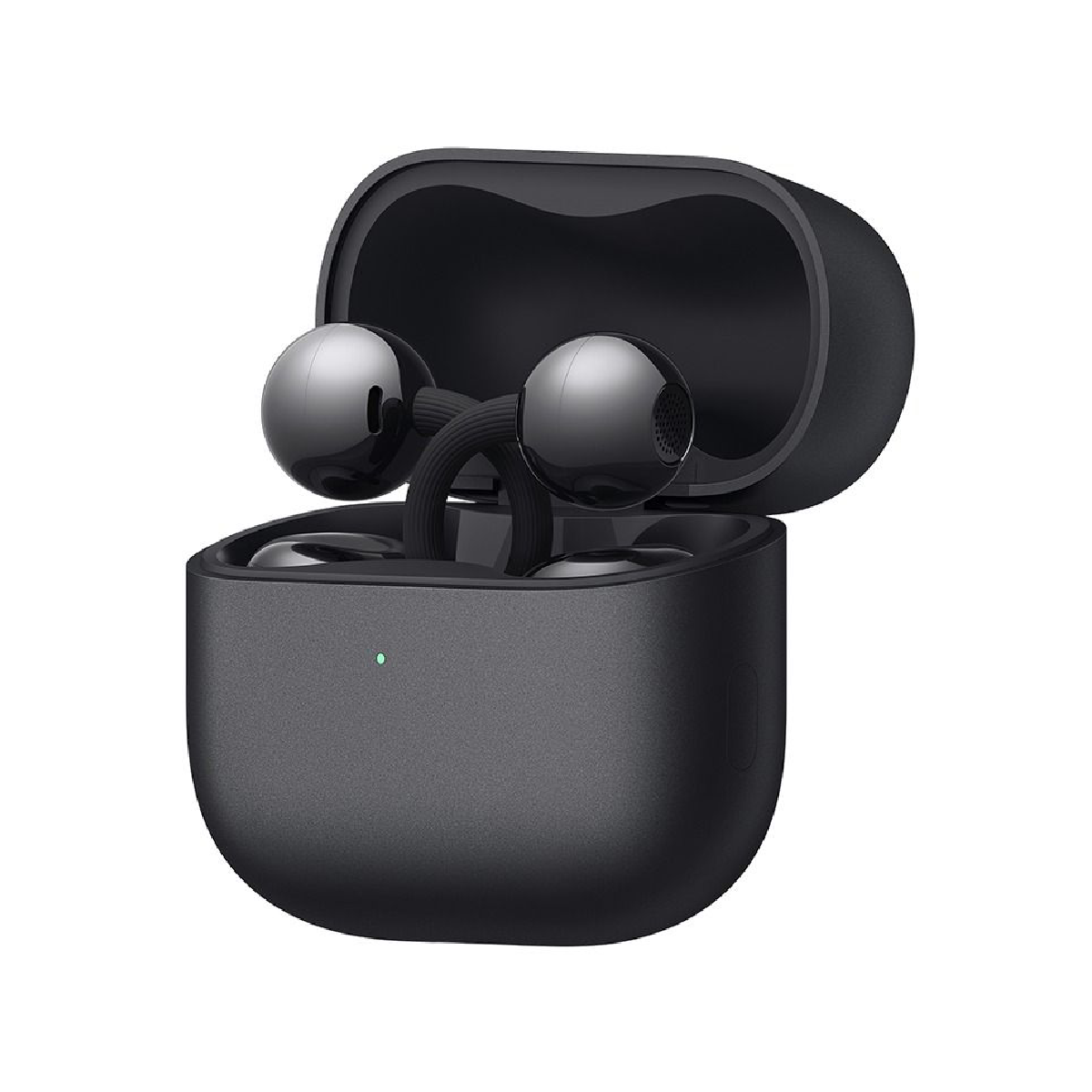 Dark gray open-ear earbuds with charging case, case open to show earbuds