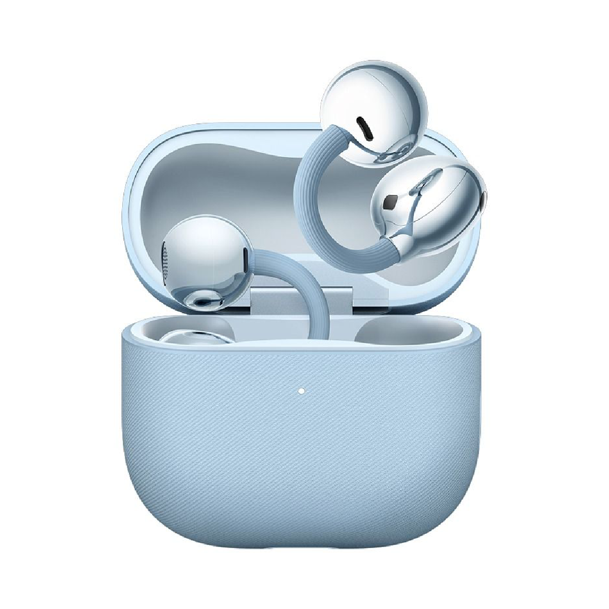 Light blue open-ear earbuds with charging case, earbuds seated in open case