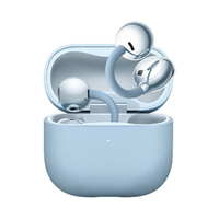 Light blue open-ear earbuds with charging case, earbuds seated in open case