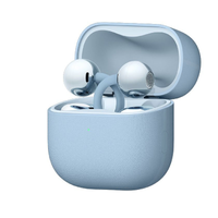 Light blue open-ear earbuds with charging case, case open showing both earbuds