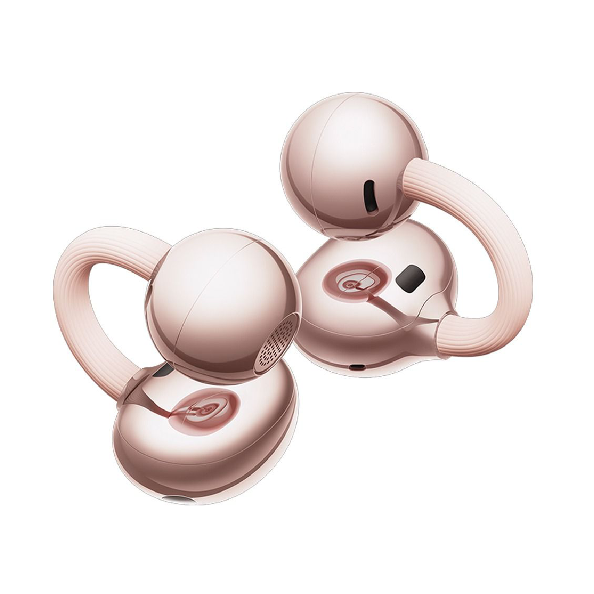 Rose open-ear earbuds with charging case, angled earbuds with open case