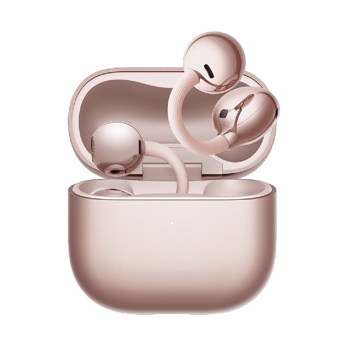 Rose gold open-ear earbuds with charging case, case open with earbuds inside