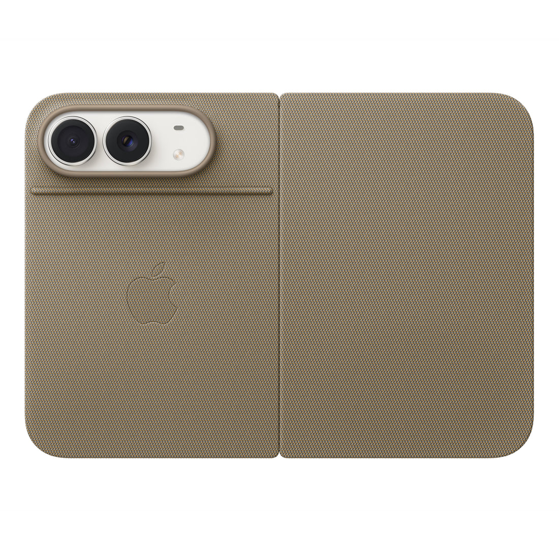 Taupe iPhone folio case front view, flat cover with dual camera cutout and fold seam.