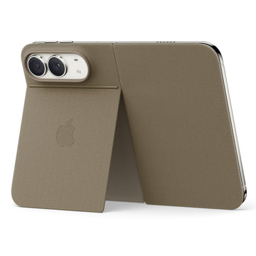 Taupe iPhone duo folio case with kickstand, showing dual camera cutout and hinge stand.