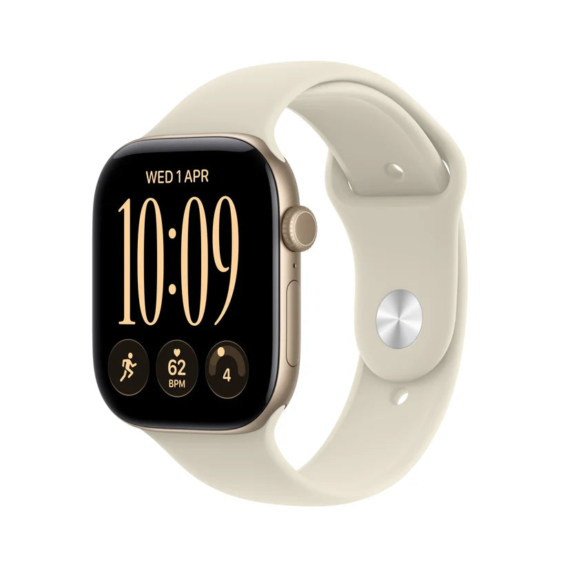 Aluminum Apple Watch with sport band, light gold case and white band