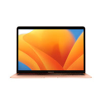 MacBook Air 13-inch in gold with screen on and colorful desktop wallpaper