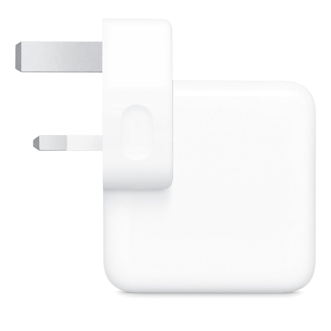Apple 35W dual USB-C power adapter, white plug prongs and port area