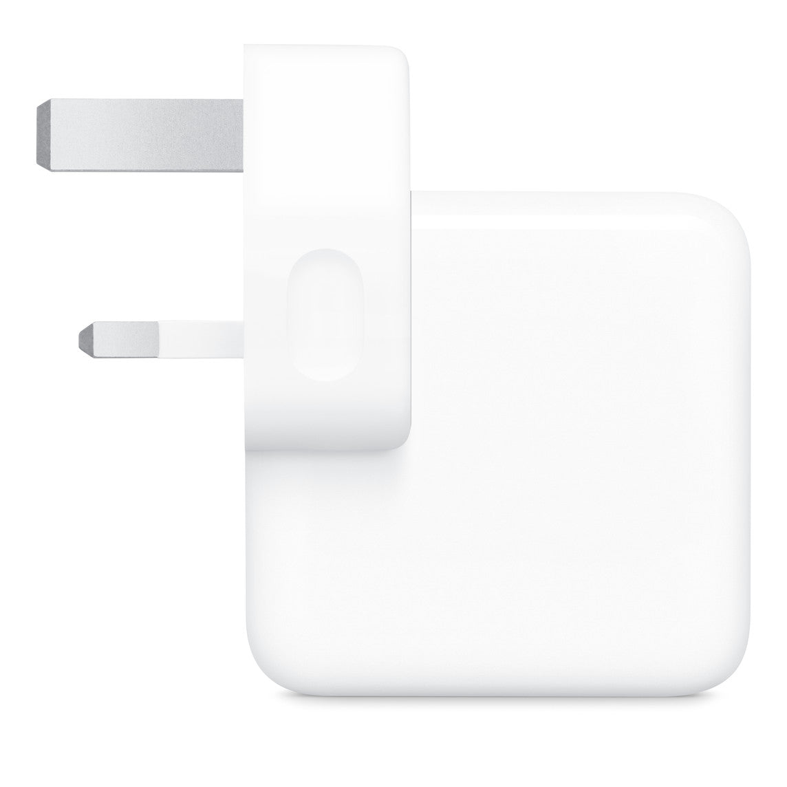 Apple 35W dual USB-C power adapter, white plug prongs and port area