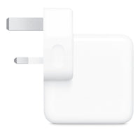 Apple 35W dual USB-C power adapter, white plug prongs and port area