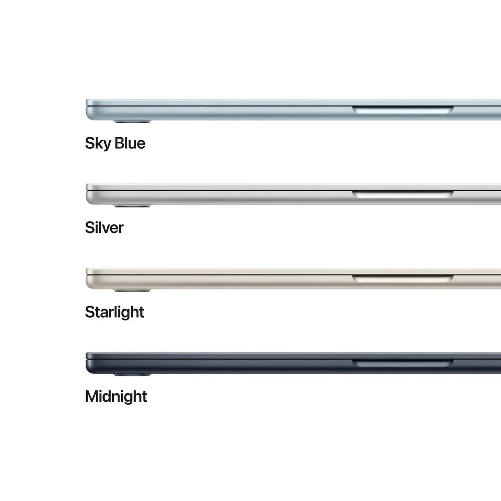 MacBook Air 13-inch side profile, color options: Sky Blue, Silver, Starlight, Midnight.
