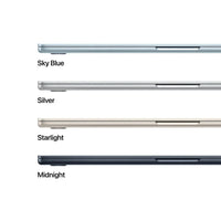 MacBook Air 13-inch side profile, color options: Sky Blue, Silver, Starlight, Midnight.