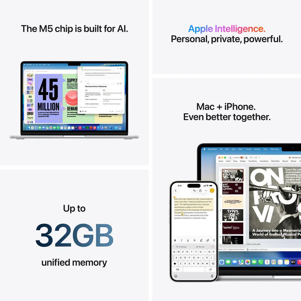 MacBook Air shown with M5 chip feature and iPhone pairing graphic