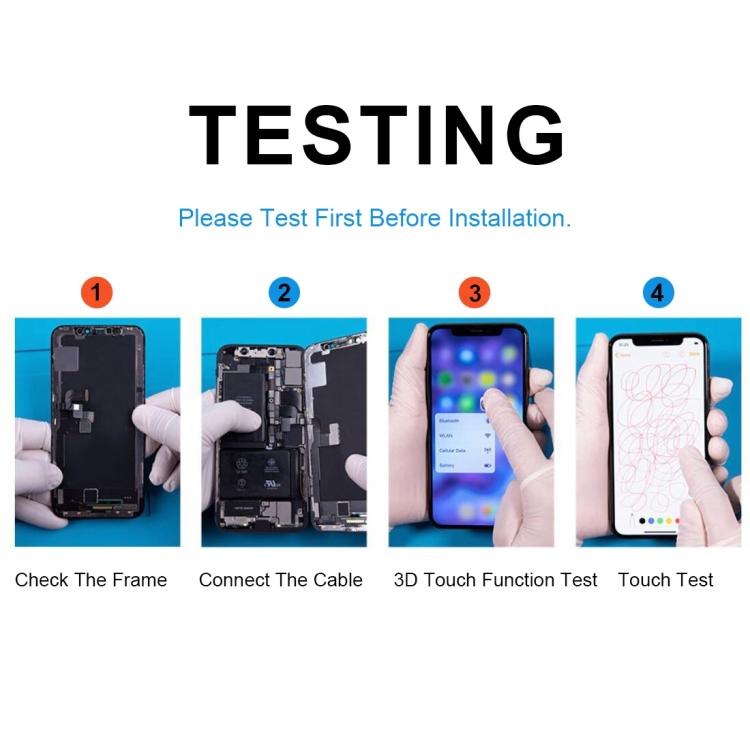 Phone screen replacement testing guide with four step panels
