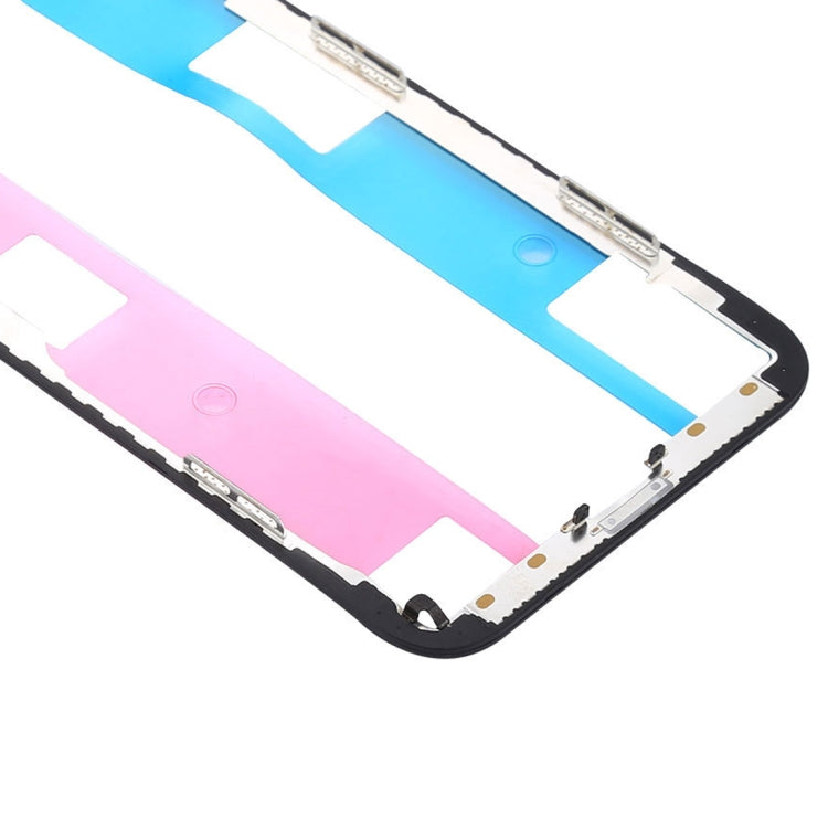 iPhone X screen frame replacement, angled view with blue/pink panels and metal contact points