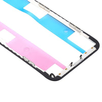 iPhone X screen frame replacement, angled view with blue/pink panels and metal contact points