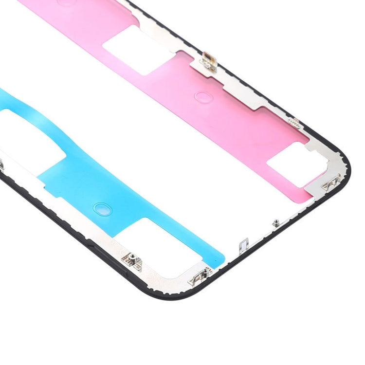 iPhone X screen frame replacement corner close-up with screws and connector tabs