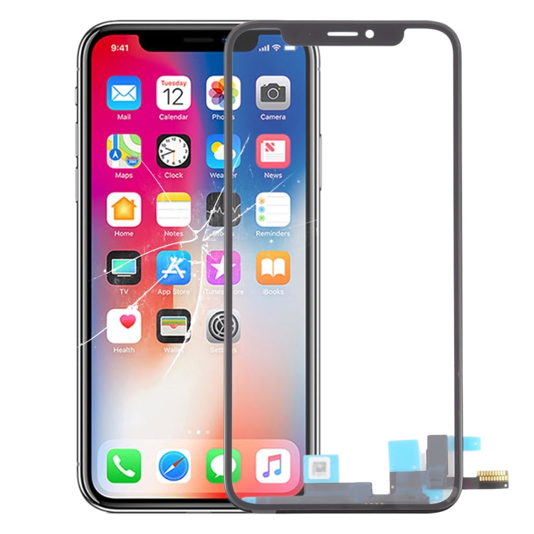 iPhone X touch panel replacement glass with frame and flex ribbon at bottom