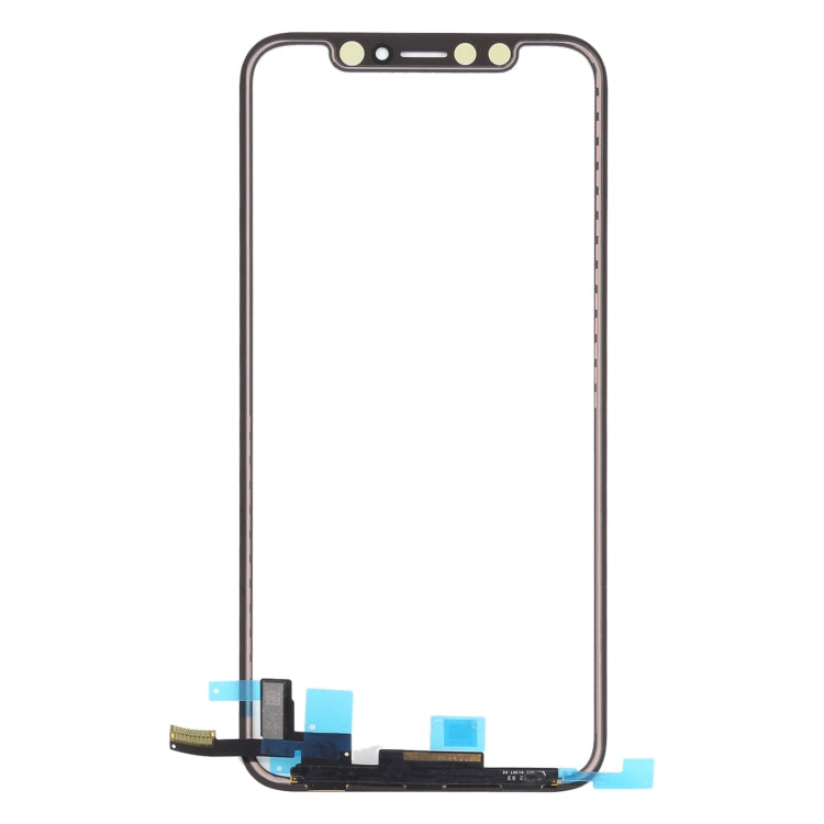 iPhone X touch panel replacement frame with exposed ribbon cables along bottom
